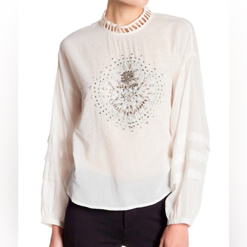 FREE PEOPLE Heart of Gold Blouse White Embellished Cutout-Neck Blouse size large - Picture 5 of 14